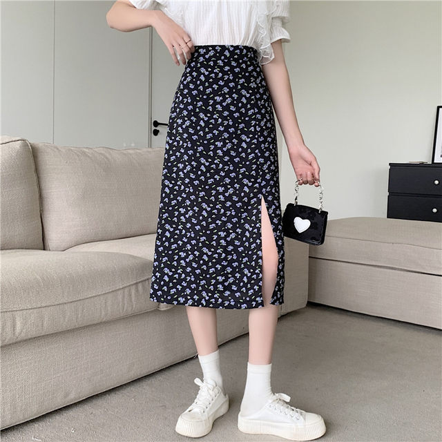 Chiffon mid-length sweet floral skirt large size high waist slim arm-packing skirt fat mm hip long skirt
