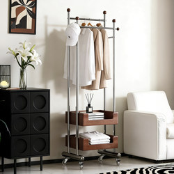 Solid Wood Floor-Standing Clothes Rack for Bedroom, Movable Iron Metal Clothing Rack, Household Coat Rack