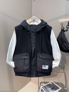 
Autumn and winter new men's cotton vest work style loose hooded outer vest top high collar windproof labeling trend