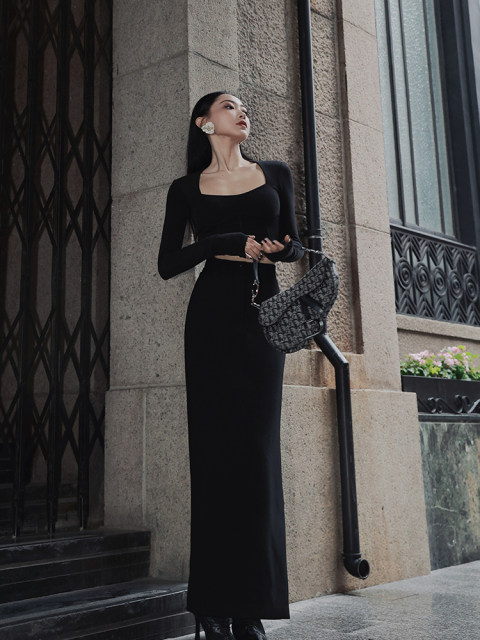 
Xiaoli Gray Records Black Suit High-waisted Half-Woman Long Skirt Spring and Summer High-end Retro Slim Straight Skirt