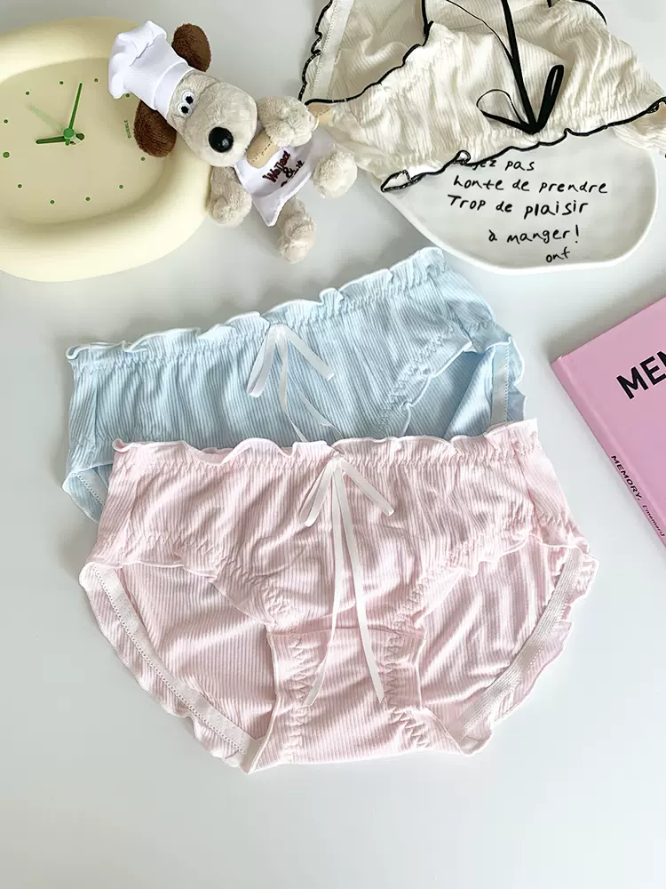 蓝白螺纹款~日系少女甜美蝴蝶结性感中低腰三角裤纯棉裆女内裤