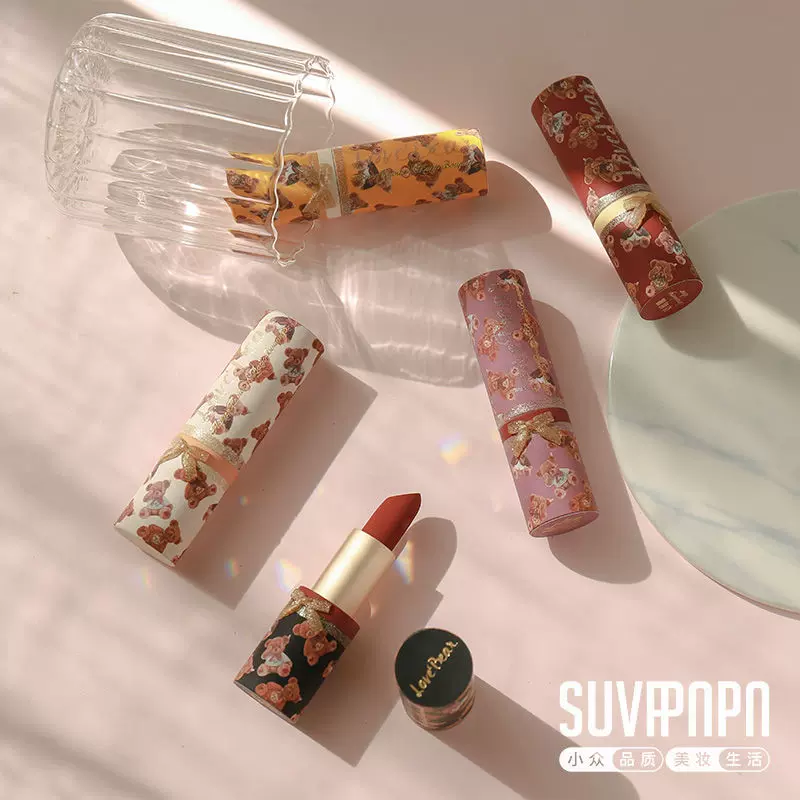 花知晓泰迪熊口红复古小熊哑光焦糖南瓜砖红色学生