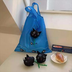Environmentally Friendly Bag, Foldable Small Size, Creative Cartoon Black Cat, Blue Supermarket Shopping Bag, Large Capacity, Portable Storage Bag