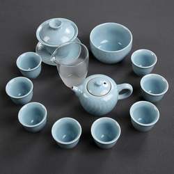 High-End Baicai Ru Kiln Ice Crackle Glaze Chinese-Style Tea Set for Home and Office Use, Complete Set