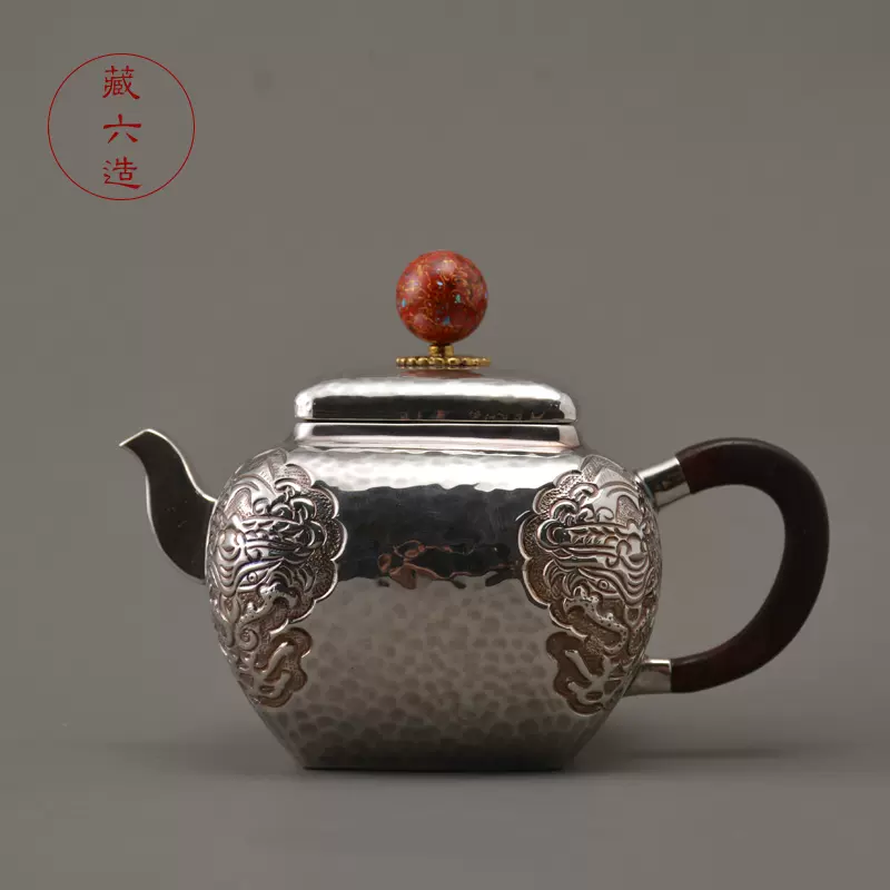 銀壺純銀999泡茶壺純手工四方獸面銀壺小茶壺家用純銀茶具