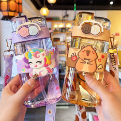 Cute Kidsren's Water Cup with Straw for Summer, Double Drinking Cup, New Portable Water Bottle for Girls and Primary School Students to Go to School