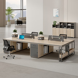 Staff Office Desk and Chair Set, Four-Person Office Cubicle Workstation Furniture, 4 Double 6-Person Staff Desks