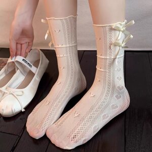 
jk summer thin pile socks ballet style white lace socks bow with Mary Jane shoes skirt mid-calf socks