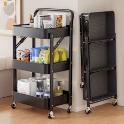 Installation-Free Folding Trolley Storage Rack for Home Bathroom, Multi-Layer Floor-Standing Storage Rack for Books, Baby Bags, and Snacks