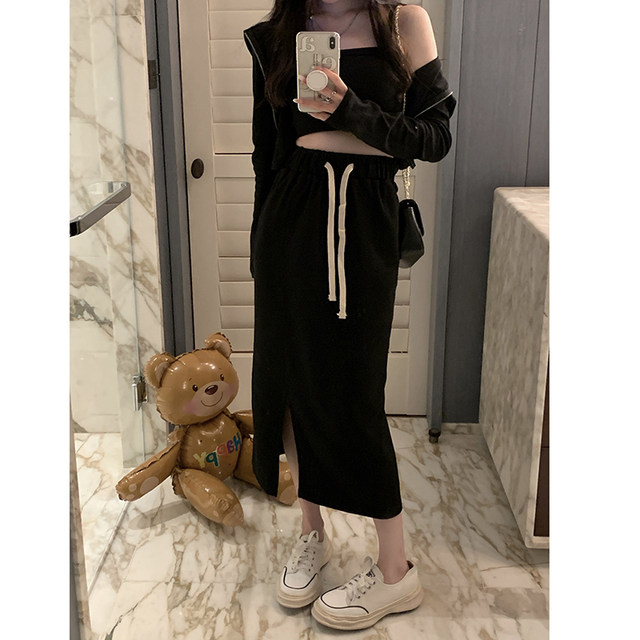 Grey sweat skirt with terry skirt with autumn and winter slit medium-length pear shape high waist sports hip straight skirt