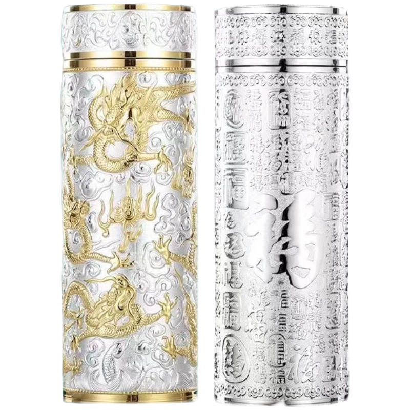 高端手工轻奢百福银杯内外纯银保温水杯男士雪花银水杯高档银杯