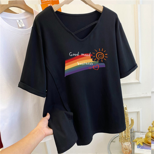 Extra large size 300Jin [Jin equals 0.5 kg] Rainbow printed hem slit v-neck loose short-sleeved T-shirt for women in summer fat MM large version top