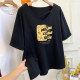Extra large size 300Jin [Jin equals 0.5 kg] Trendy brand pattern printed slit v-neck slanted belt short-sleeved T-shirt for women in summer fat MM slim top