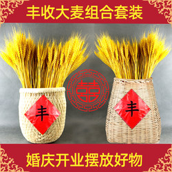 Natural Wheat Ears Dried Flowers Golden Barley Bouquet Opening Ceremony Pastoral Wicker Bamboo Basket Decoration Gift Photography Props Decoration