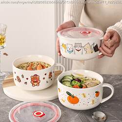 Ceramic Soup Bowl, Rice Bowl with Lid and Handle, Microwave-Safe, Special Preservation Bowl, Instant Noodle Bowl, Lunch Box, Instant Noodle Bowl
