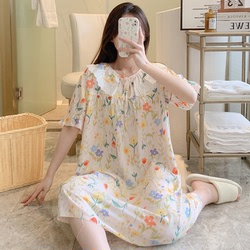 Cotton Silk Nightdress Women's Spring And Autumn Summer Thin Section Pajamas Home Skirt High-quality Sweet Student Short-sleeved Cotton Silk Skirt Large Size