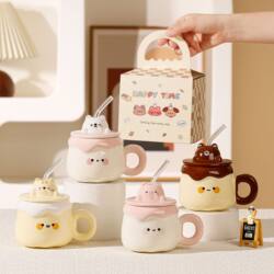 Cute Ceramic Mug with Lid, High Aesthetic Value, Couple's Ceramic Drinking Cup, Office Use, with Straw for Girls, Suitable for Office Workers and Home Use