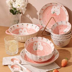 Cartoon Bowl and Plate Set for Home Use, Cute Ceramic Tableware, Bowls, Chopsticks, Personal Plates for 0.05kg People