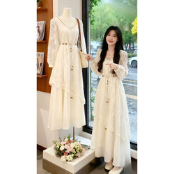 Plus-Size Women's Clothing 2026 Spring and Autumn New Style for Curvy Women, Waist-Cinching and Slimming French Gentle Style Mesh Patchwork Long-Sleeve Dress