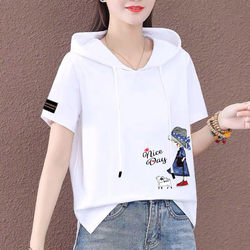 White Pure Cotton Short-Sleeve T-Shirt for Women with Hood, 2026 Summer New Style, Loose Sweatshirt, Thin, Fashionable and Stylish Top