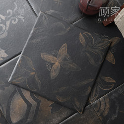 Retro Style Mottled Distressed Black and Gold Floral Pattern Tiles for Bathroom, Kitchen, Guesthouse, Balcony, Cafe, Courtyard Tiles