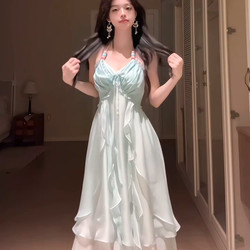 Platycodon House Beach Vacation Style Spaghetti Strap Dress for Women, 2025 Summer New Atmospheric Backless Long Dress