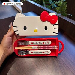 Hello Kt Chopsticks and Spoon Set, One-Person Tableware Storage Box, Portable Student Stainless Steel Chopsticks and Spoon Three-Piece Set