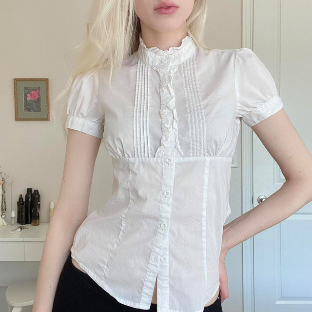 IAEY French royal sister Fan wooden ears stand-up collar white casual shirt accordion pleated design waist-breasted shirt summer
