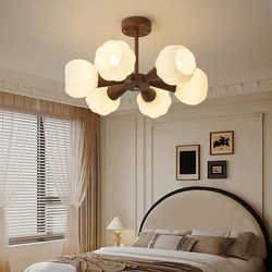 Pasha French-Style Mid-Century Bedroom Chandelier, Vintage Walnut Wood Grain Study Lamp, Handmade Glass Design Room Chandelier