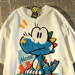 Japanese Retro Embroidered Cartoon Dinosaur Pure Cotton Short-Sleeve T-Shirt for Women and Men, Summer 2026 New Version, Round Neck Student Top