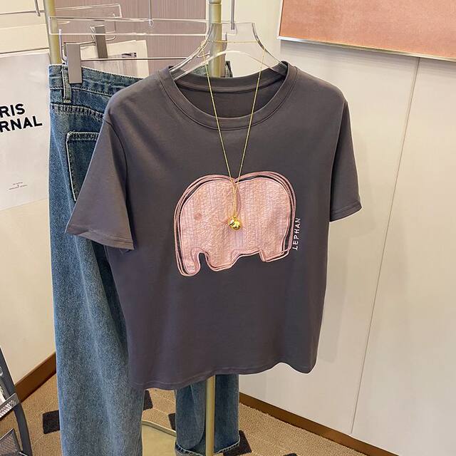 Gray heavy industry embroidered small elephant short-sleeved T-shirt for women 2025 summer new loose age-reducing versatile half-sleeved top