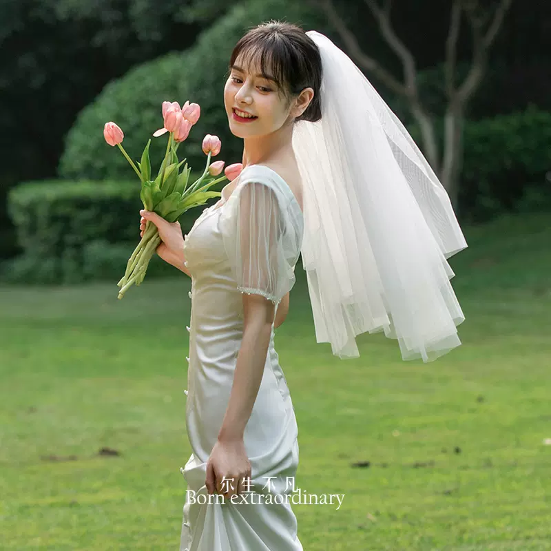 新款新娘领证结婚登记小头纱轻婚纱拍照求婚超仙森系