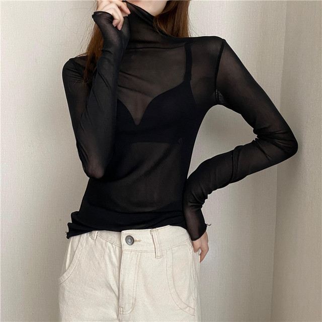 Lace bottoming shirt female ice silk mesh thin spring and summer ...