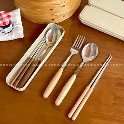 Portable Tableware Set for Office Workers, Lunch Chopsticks and Spoon Set, High-Quality Stainless Steel Spoon, Fork, and Chopsticks Three-Piece Set for One Person