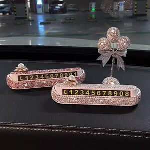 Temporary car parking number plate with diamond inlaid teddy bear, car interior decoration, digital ornament, car moving phone number plate, female