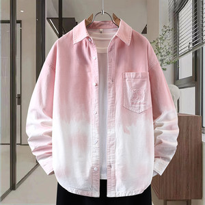 
Gradient denim long-sleeved shirt jacket men's pink 2025 autumn teenager student high quality embroidered cotton jacket