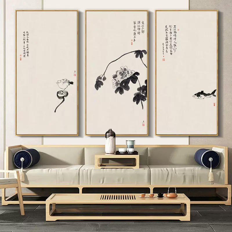 八大山人水墨畫新中式客廳裝飾畫沙發背景牆書房禪意掛畫茶室壁畫-Taobao