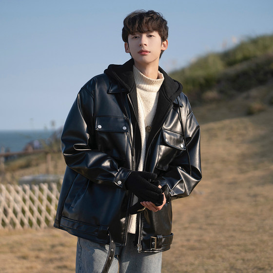 
Tim Peake Japanese handsome fake two-piece quilted leather jacket hooded jacket men's thickened cotton motorcycle suit T004