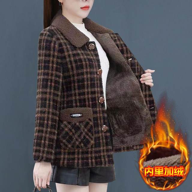 Add velvet thickened warm jacket 2024 Winter new middle -aged and elderly mothers pretend to be a lady's foreign gas short plaid jacket