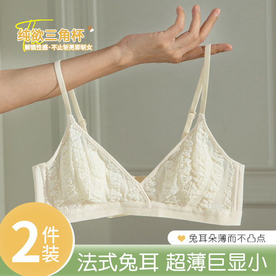 Lace French Triangle Cup Underwear Summer Girls' Thin Big Boobs Show Small Boobs Gathering Comfortable Bra
