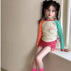 
Girls swimsuit split long-sleeved sun protection boxer pants dopamine girls summer new children's swimsuit contrast color white