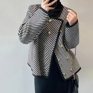 
Tangshi autumn and winter women's sweater temperament diagonal striped cardigan coat commuter high-end slim sweater tu