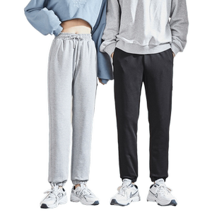 Tang Lion couple beam legs down pants, winter clothes, contrasting color knitted leisure pants college style men and women 90 velvet sports pants
