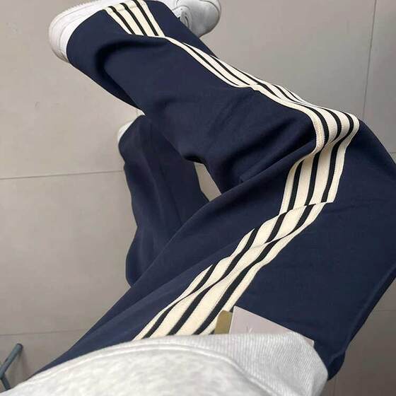 
Navy three-stripe straight-leg sweatpants for women in autumn and winter American trendy brand oversize high-end handsome sweatpants