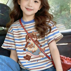 2026 New Style Girls' Summer 100% Pure Cotton Children's Cartoon Korean Style Round Neck Short-Sleeved T-Shirt Tops for Small and Medium-Sized Children