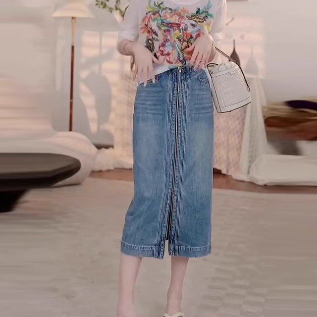 2025 spring and summer new zipper design slit denim skirt for women with high waist slim A-line versatile mid-length skirt