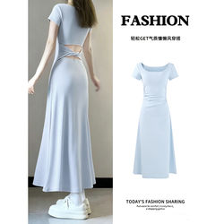 Blue Slim-Fitting Hip-Hugging Dress for Women in Early Summer, Uniquely Beautiful and Waist-Cinching, Perfect for Petite Figures, Stunning for Early Spring