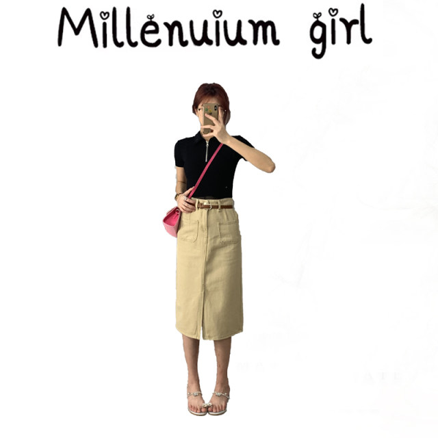 Retro workwear long skirt autumn commuting slit straight mid-length one-step skirt high waist a-line skirt women's Korean