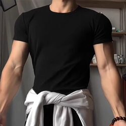 American-Style Black Sports T-Shirt with Cuffs, Fitness Short-Sleeve Men's Elastic Slim-Fit Muscle-Enhancing Running Training Wear