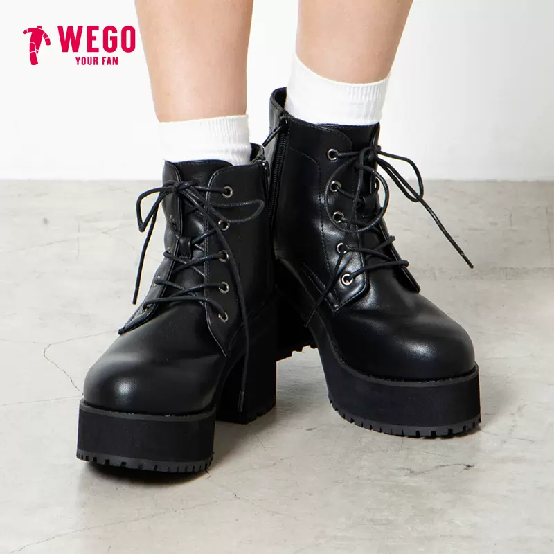日本wego 马丁靴女新款平底加厚靴子女增高显高春秋单